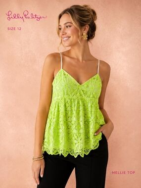 Lilly Pulitzer Women Mellie Top Pepino Green Lace Cami Tank Size 12 NWT